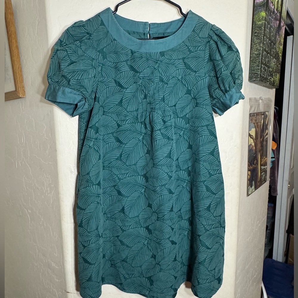 Delevo Couture 2007 Teal Textured Leaf Puff Sleeve Shift Dress Retro Mod M